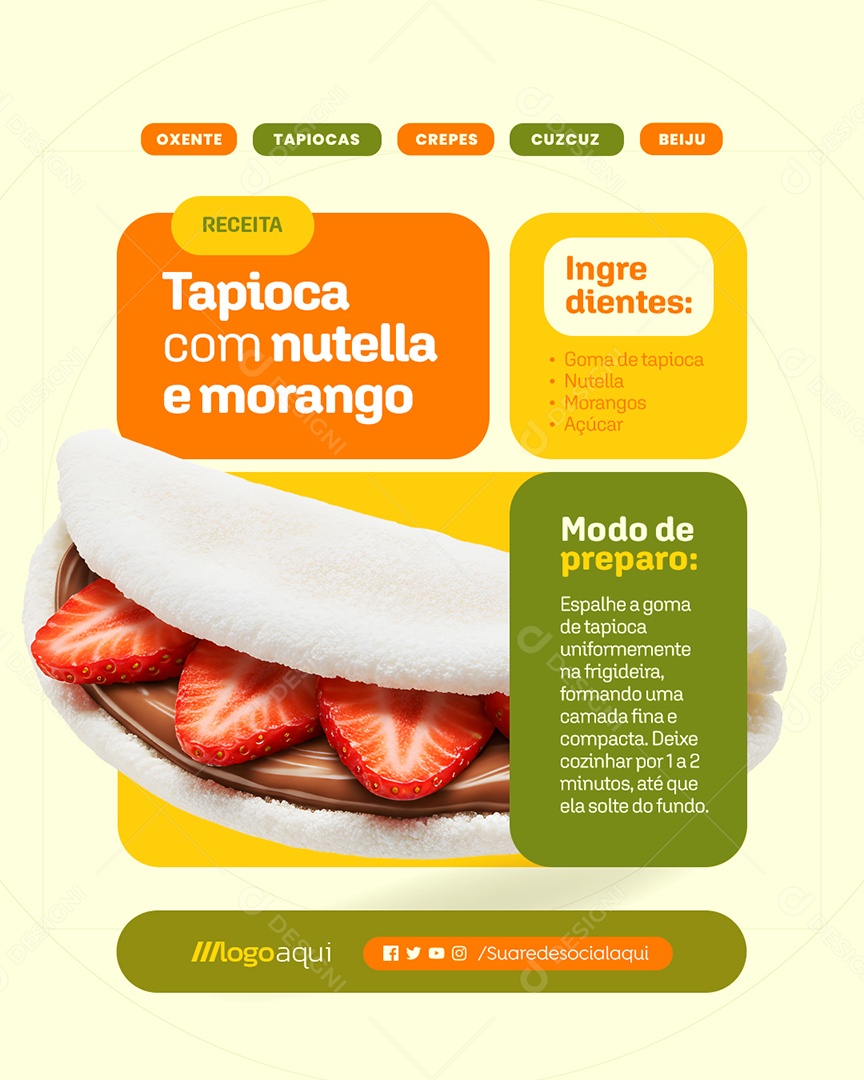 Receita Tapioca com Nutella e Morango Social Media PSD Editável