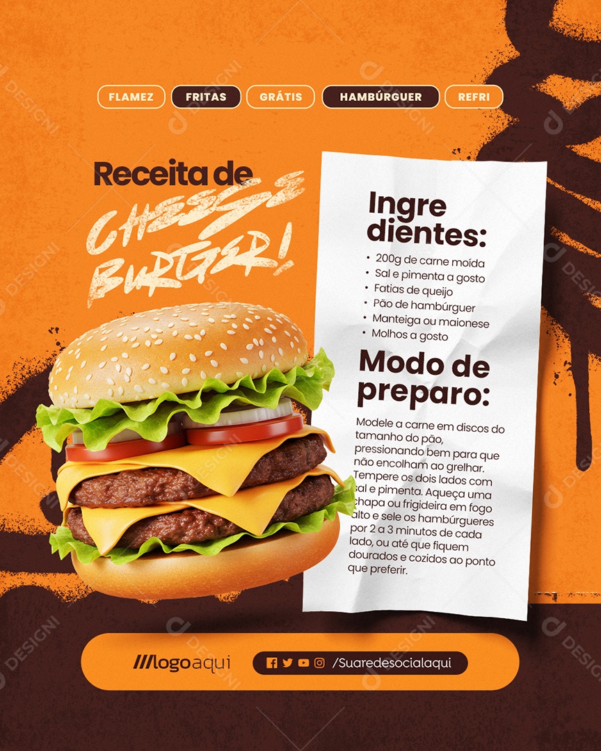 Receita de Cheese Burger Social Media PSD Editável