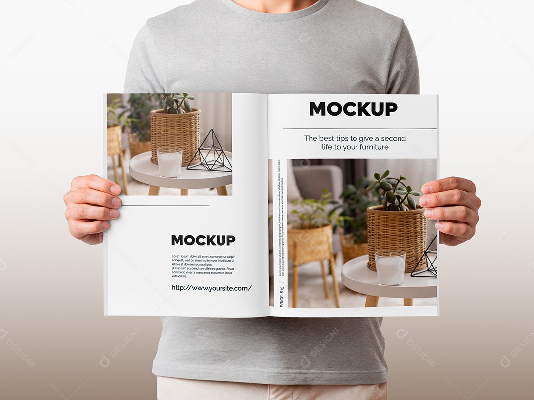 Homem Segurando uma Revista Aberta Mockup PSD Editável