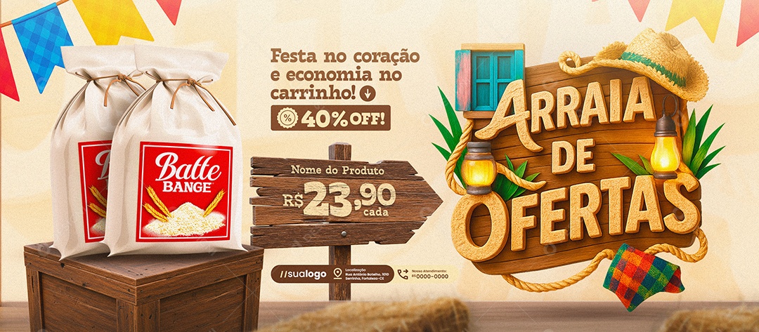 Banner Arraiá de Ofertas Supermercado Economia Social Media PSD Editável