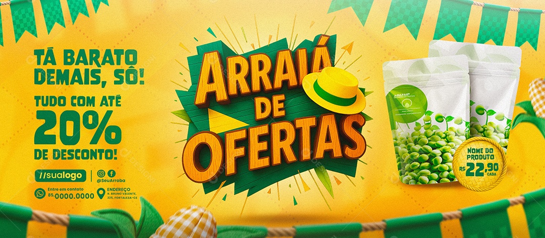 Banner Arraiá de Ofertas Supermercado Ervilhas Social Media PSD Editável