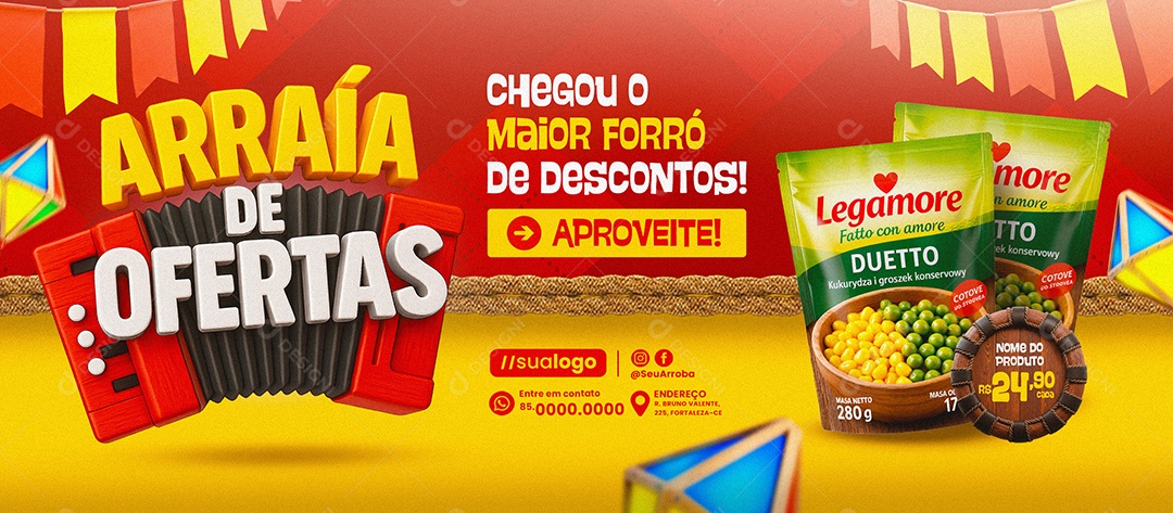 Banner Arraiá de Ofertas Supermercado Ervilha e Milho Social Media PSD Editável