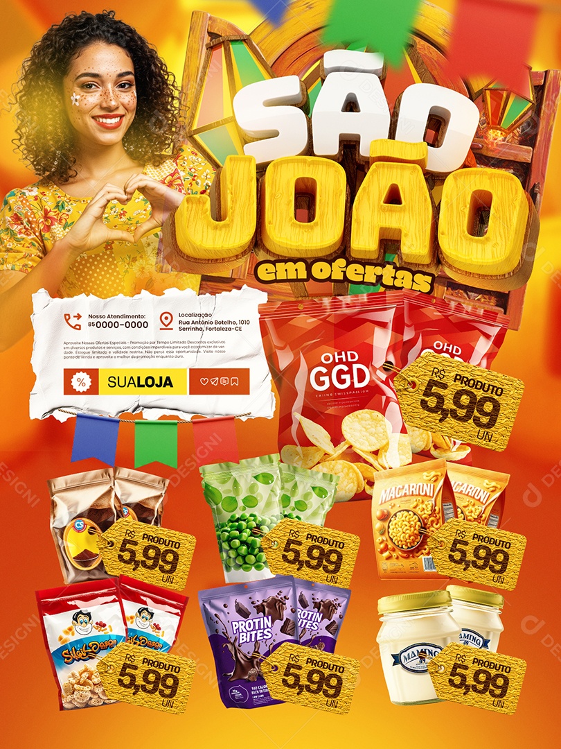 São João em Ofertas Supermercado Encarte Produtos Social Media PSD Editável