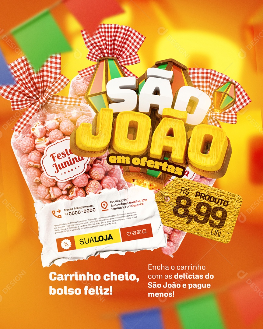 São João em Ofertas Supermercado Carrinho Cheio Social Media PSD Editável