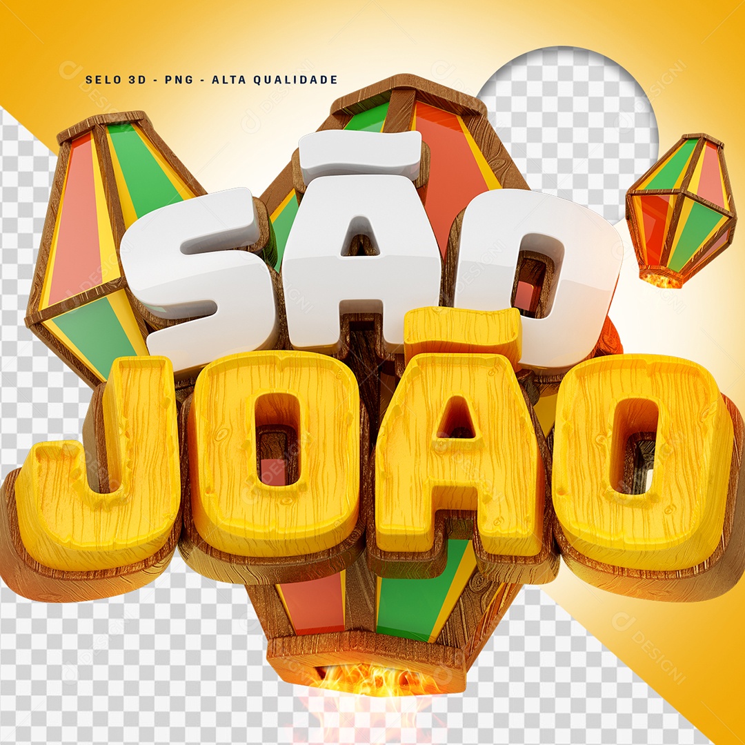 São João Selo 3D Branco e Amarelo para Composição PSD