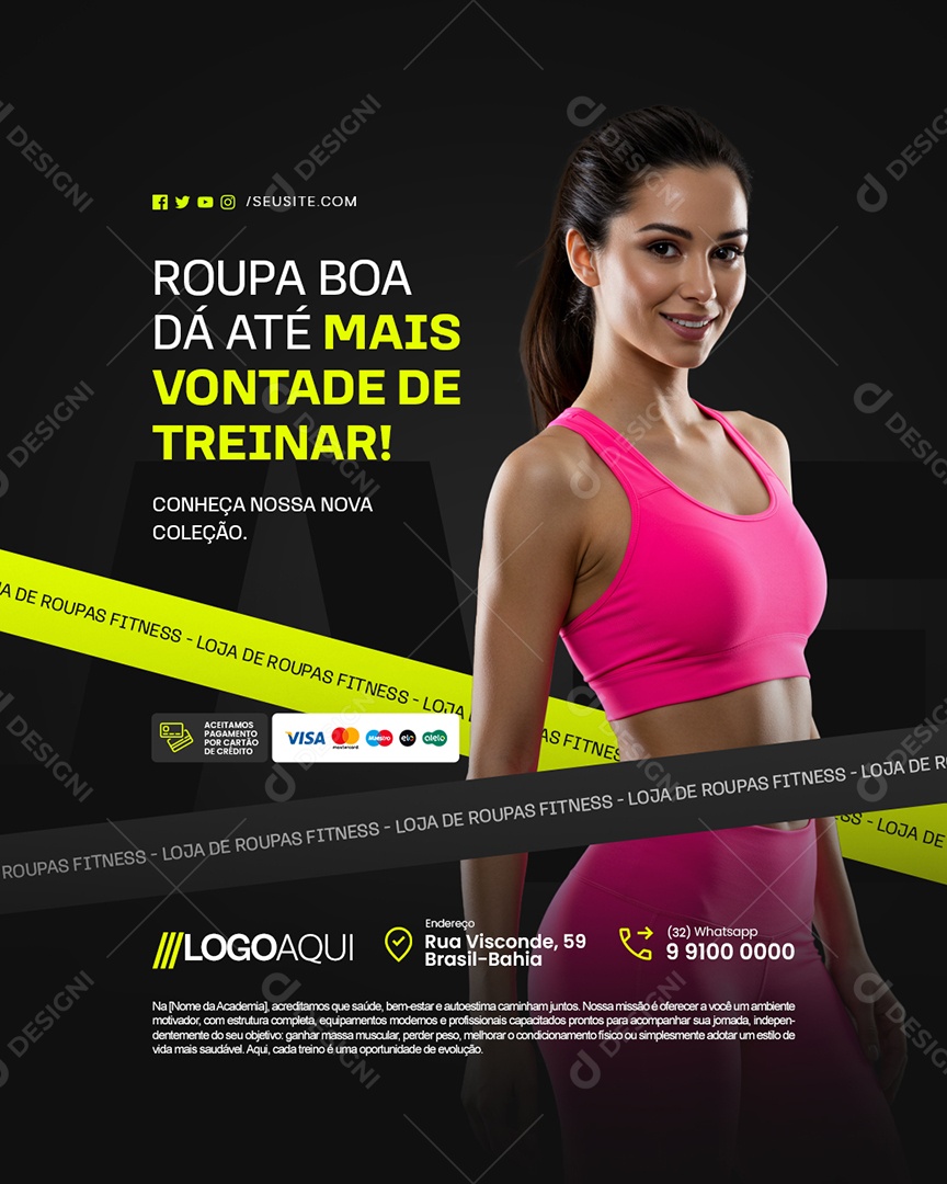 Loja de Roupas Fitness Roupa Boa dá Até Mais Vontade de Treinar Social Media PSD Editável
