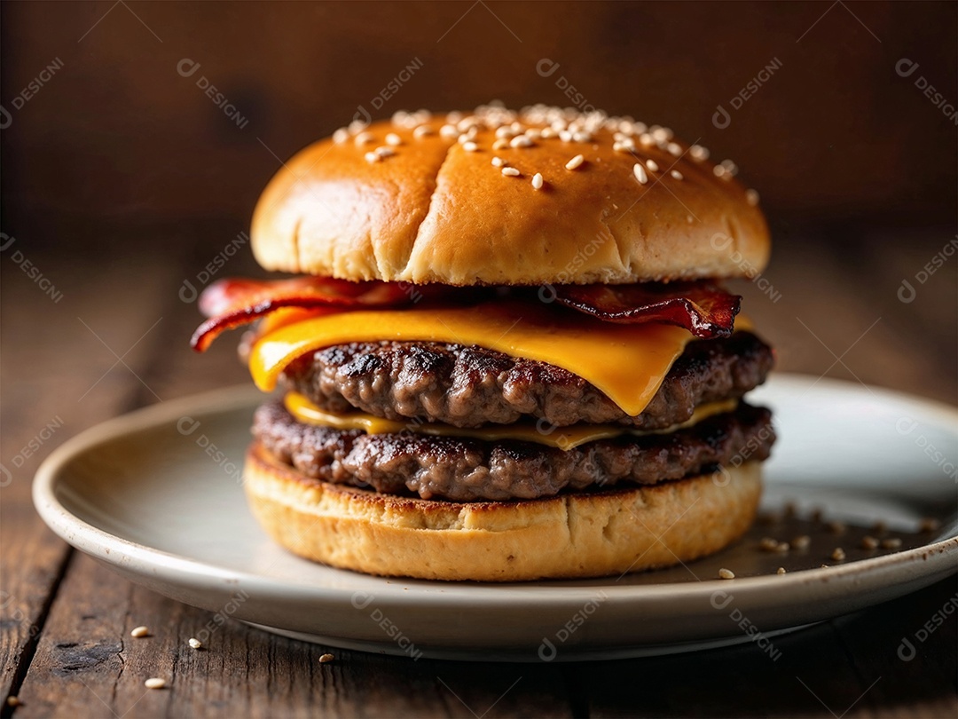 O produto na imagem é um hambúrguer duplo com queijo e bacon