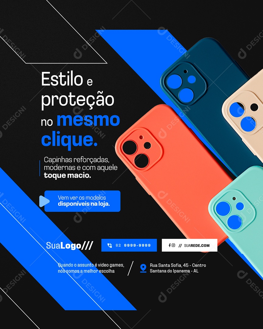 Assistência Técnica de Celulares Estilo e Proteção Capinhas Social Media PSD Editável