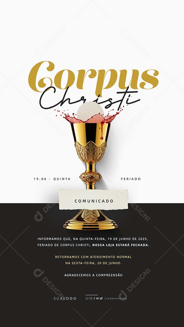 Story Dia de Corpus Christi Aviso de Funcionamento Social Media PSD Editável