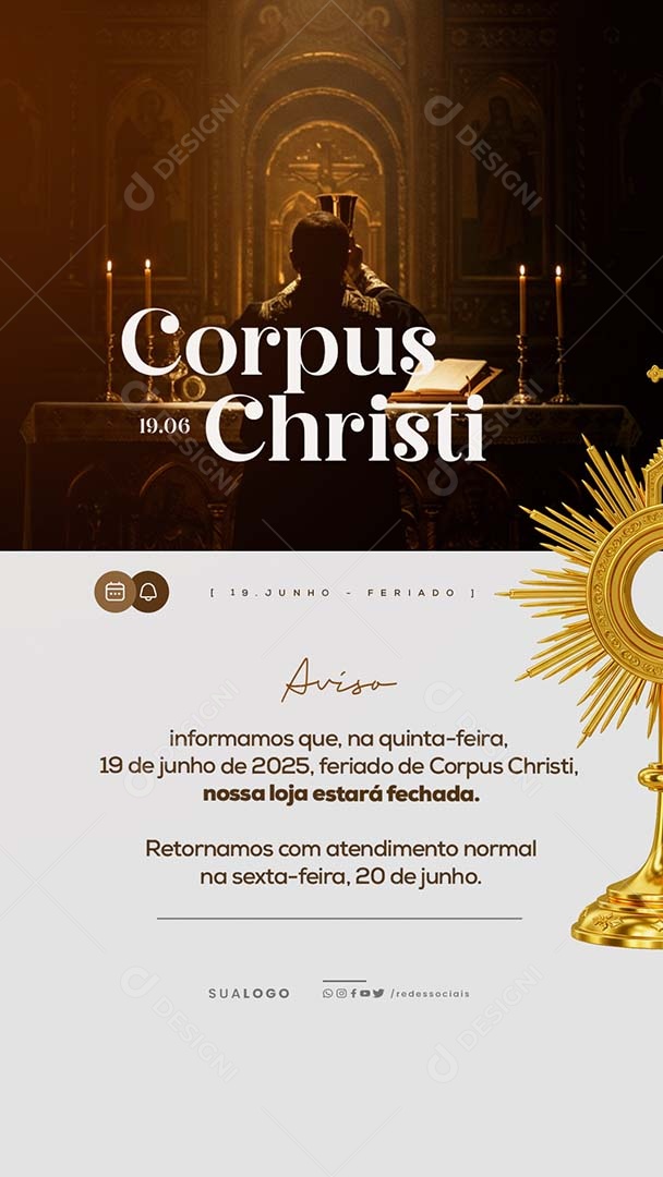 Story Dia de Corpus Christi Aviso de Funcionamento Social Media PSD Editável