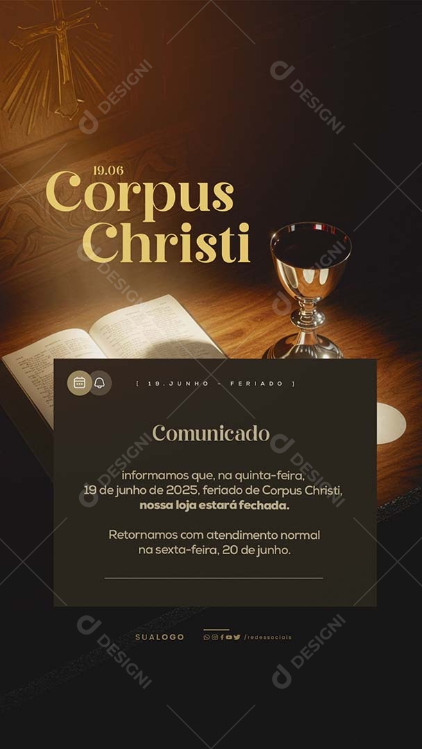Story Dia de Corpus Christi Aviso de Funcionamento Social Media PSD Editável