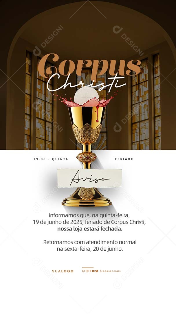 Story Dia de Corpus Christi Aviso de Funcionamento Social Media PSD Editável