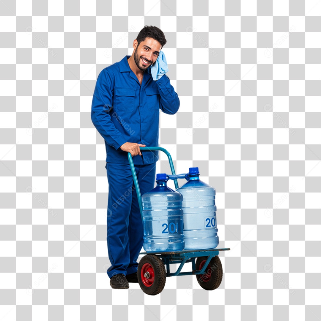 Homem Empurrando Caarrinho com Galões de Água PNG Transparente
