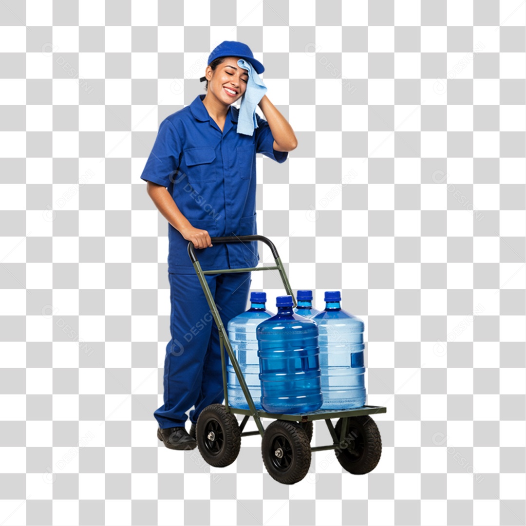 Mulher Empurrando Carrinho com Galões de Água PNG Transparente