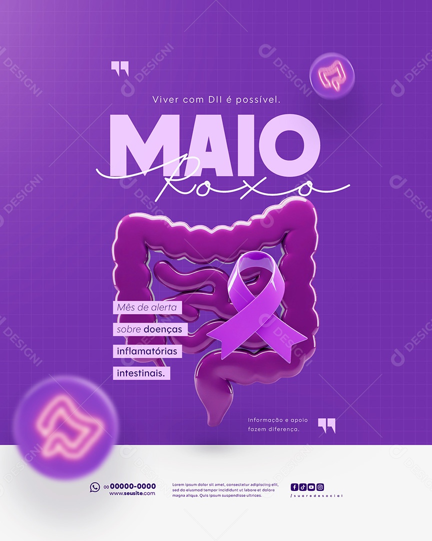 Feed Maio Roxo Campanha mês de Conscientização Sobre Doenças Inflamatórias Intestinais Social Media PSD Editável