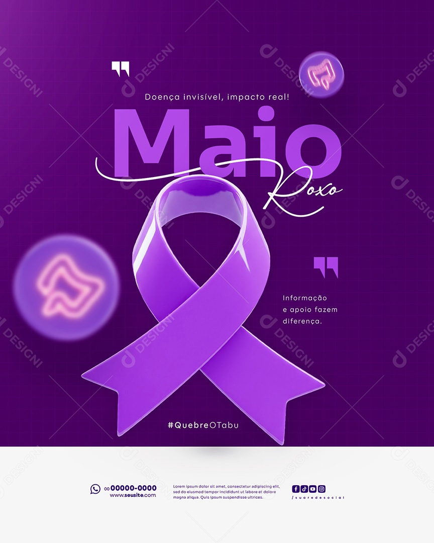 Feed Maio Roxo Campanha mês de Conscientização Sobre Doenças Inflamatórias Intestinais Social Media PSD Editável