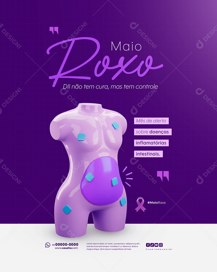 Feed Maio Roxo Campanha mês de Conscientização Sobre Doenças Inflamatórias Intestinais Social Media PSD Editável