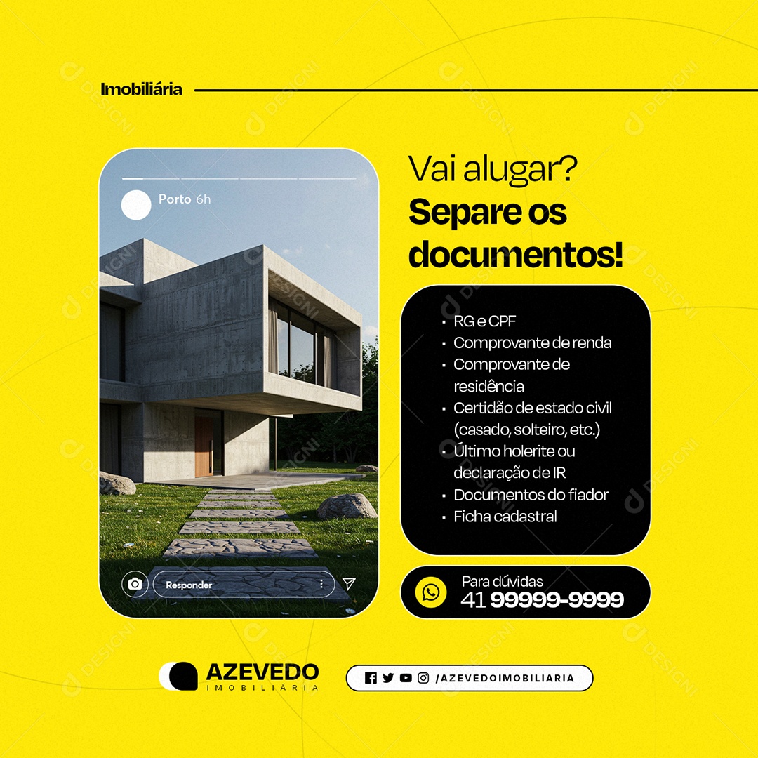 Imobiliária Vai Alugar Separe os Documentos Social Media PSD Editável