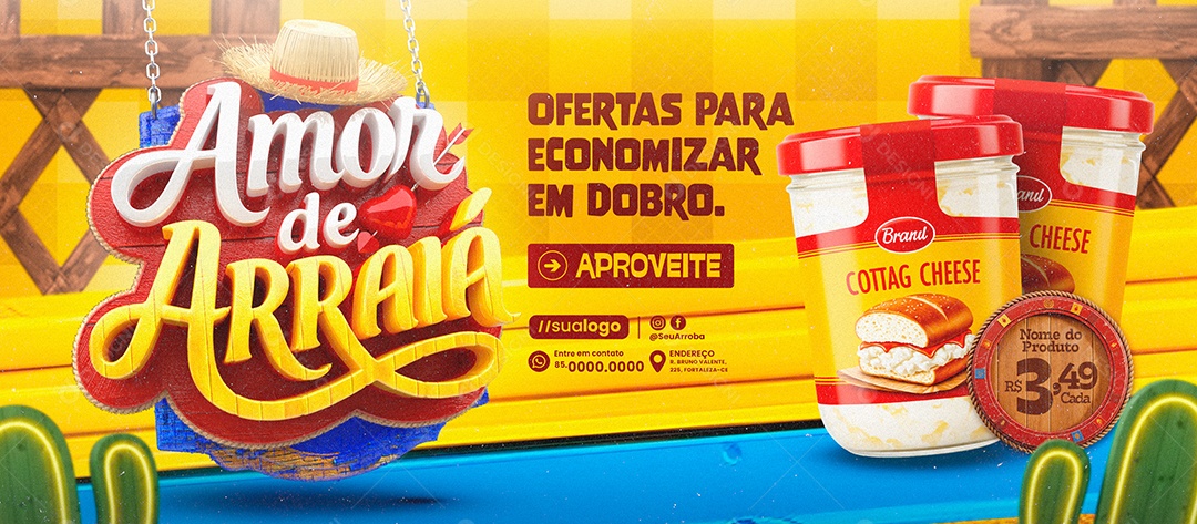 Banner Amor de Arraiá Supermercado Ofertas para Economizar Social Media PSD Editável