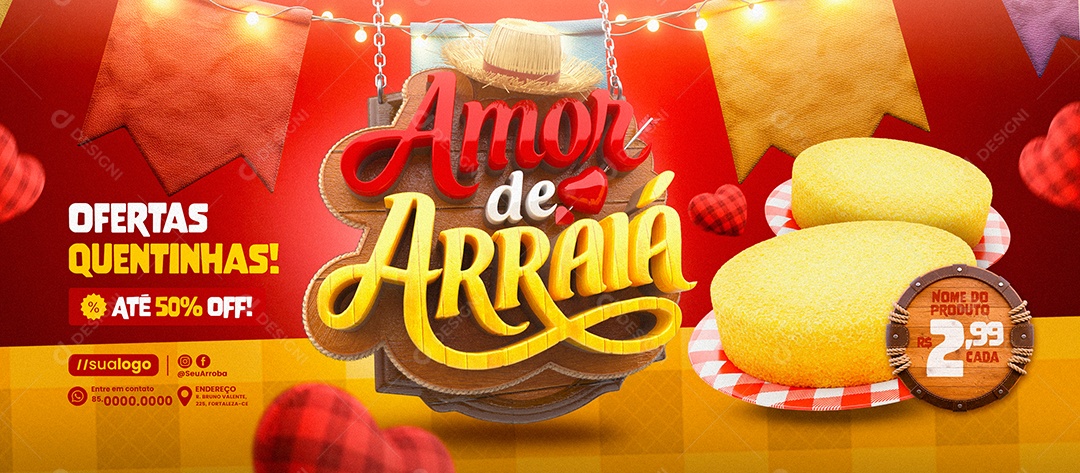 Banner Amor de Arraiá Supermercado Cuscuz Social Media PSD Editável