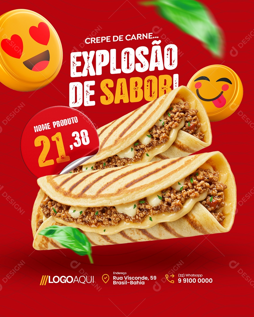 Creperia Crepe de Carne Explosão de Sabor Social Media PSD Editável