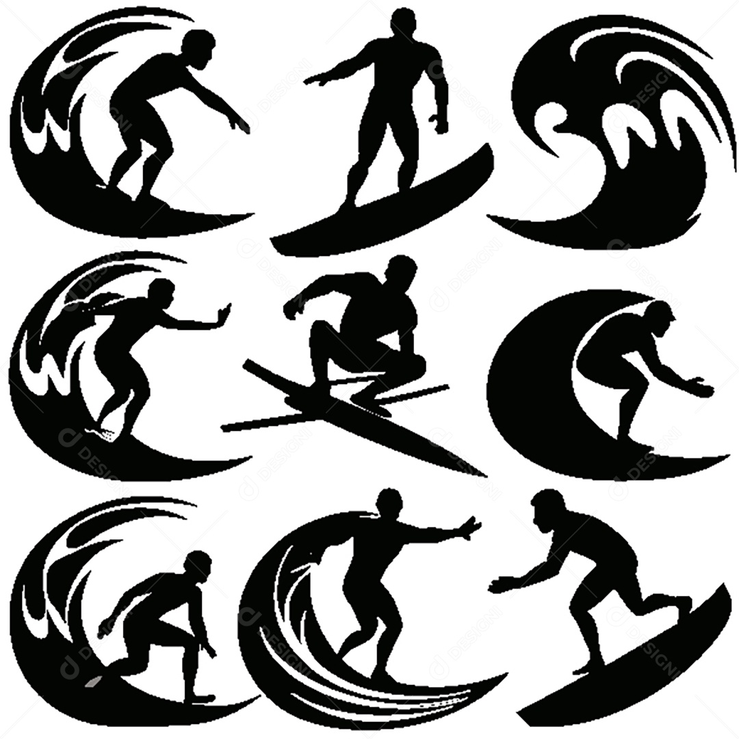 Conjunto de Silhueta de Surfista Vetor EPS