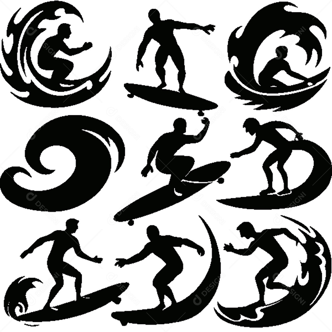 Conjunto de Silhueta de Surfista Vetor EPS