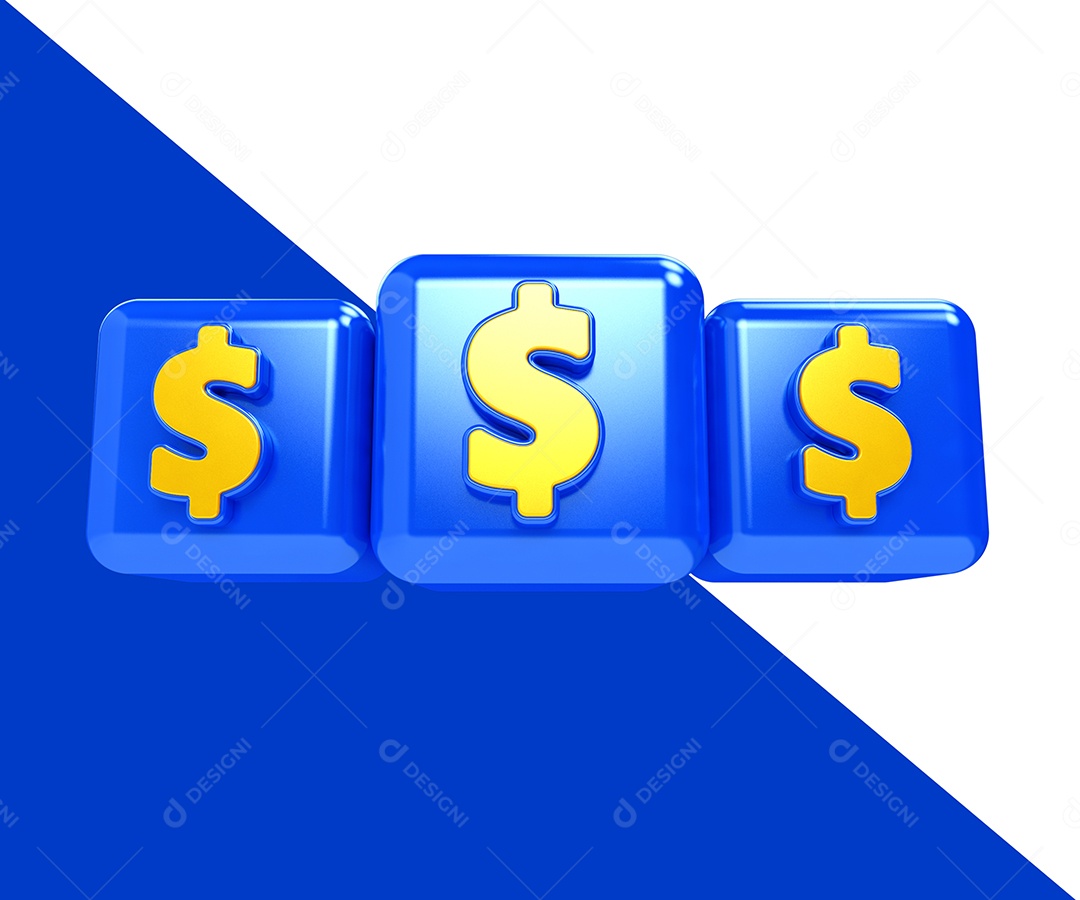 Cubo Com Três Cifrões Azul e Amarelo Elemento 3D Para Composição PSD