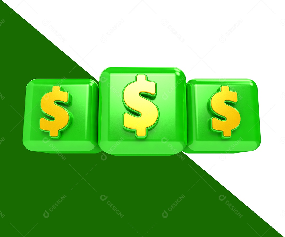Cubo Com Três Cifrões Verde e Amarelo Elemento 3D Para Composição PSD