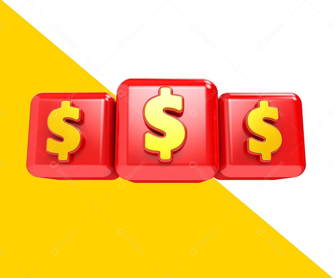 Cubo Com Três Cifrões Vermelho e Amarelo Elemento 3D Para Composição PSD