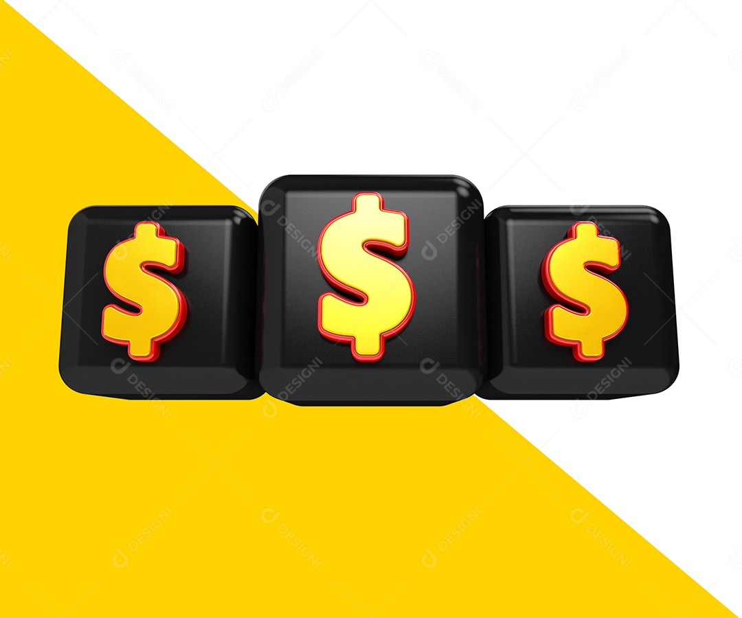 Cubo Com Três Cifrões Amarelo e Preto Elemento 3D Para Composição PSD