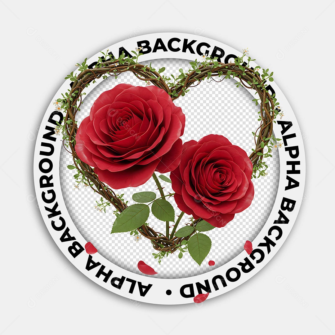 Elemento 3D Rosas e Raízes em Formato de Coração para Composição PSD