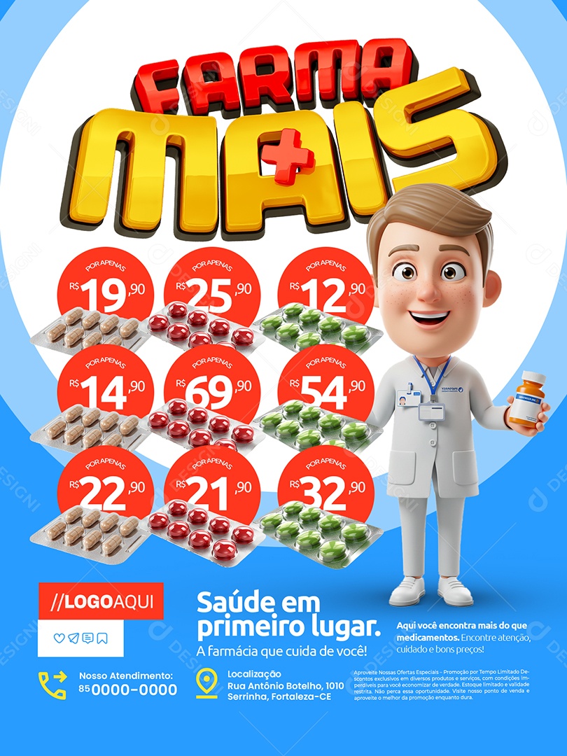 Farma Mais Farmácia Encarte Remédios Comprimidos Social Media PSD Editável