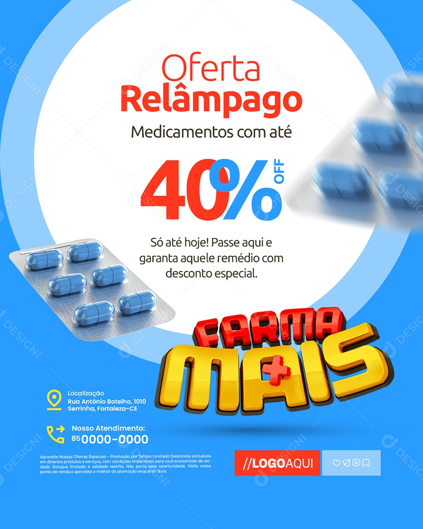 Farma Mais Farmácia Oferta Relâmpago Medicamentos com Até 40% Off Social Media PSD Editável