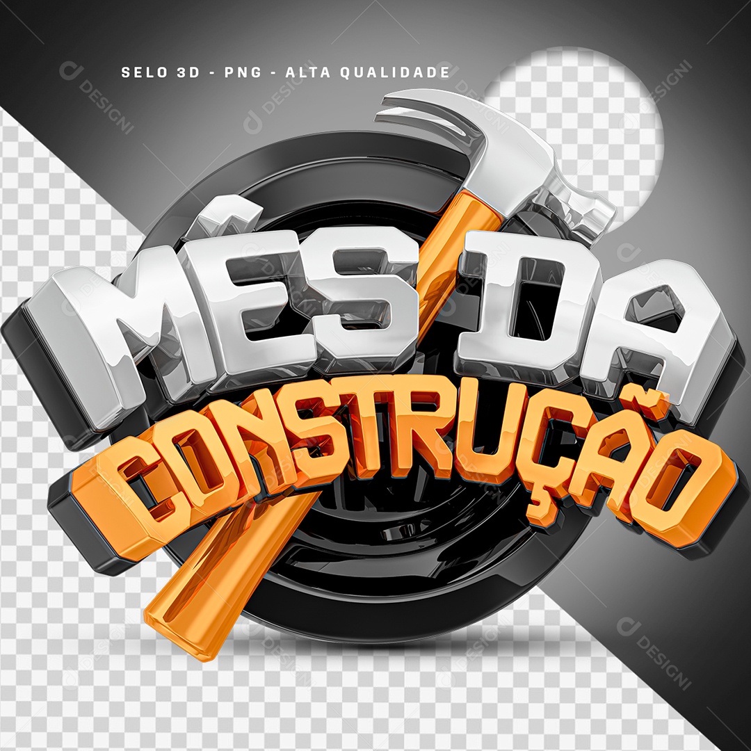 Mês da Construção Selo 3D Branco e Laranja para Composição PSD