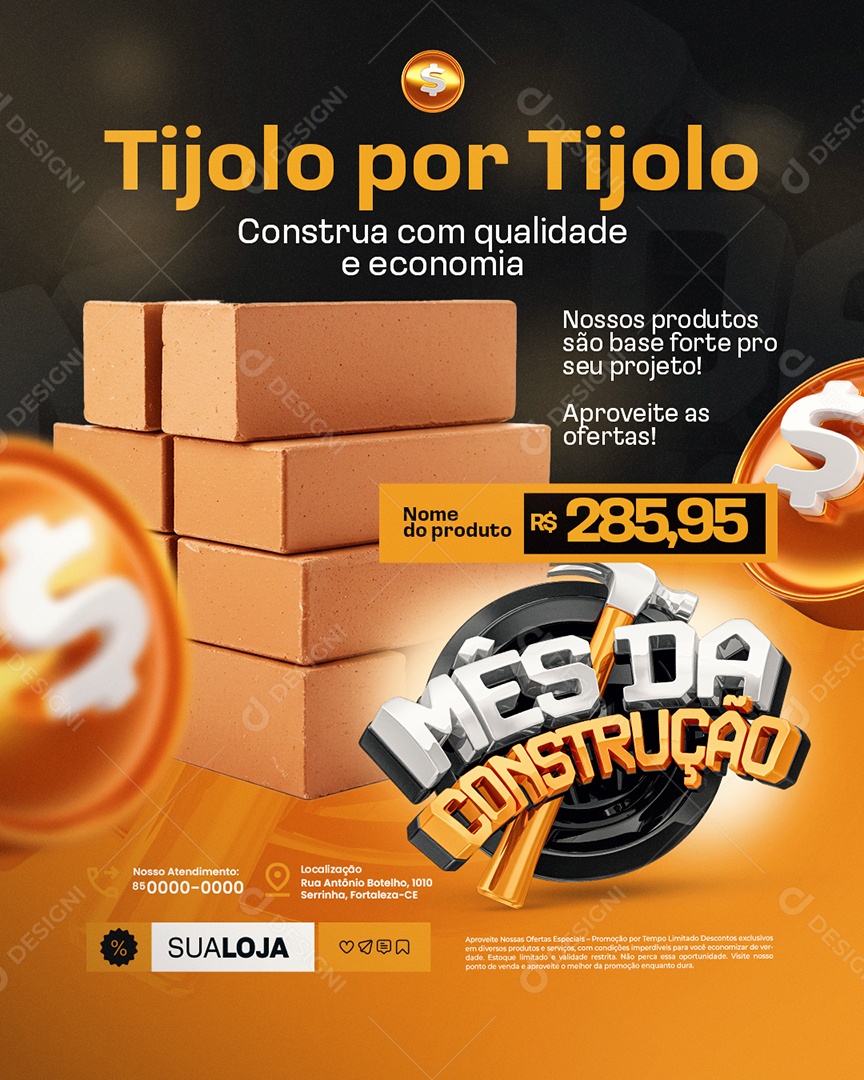 Mês da Construção Tijolo por Tijolo Construa com Qualidade Social Media PSD Editável