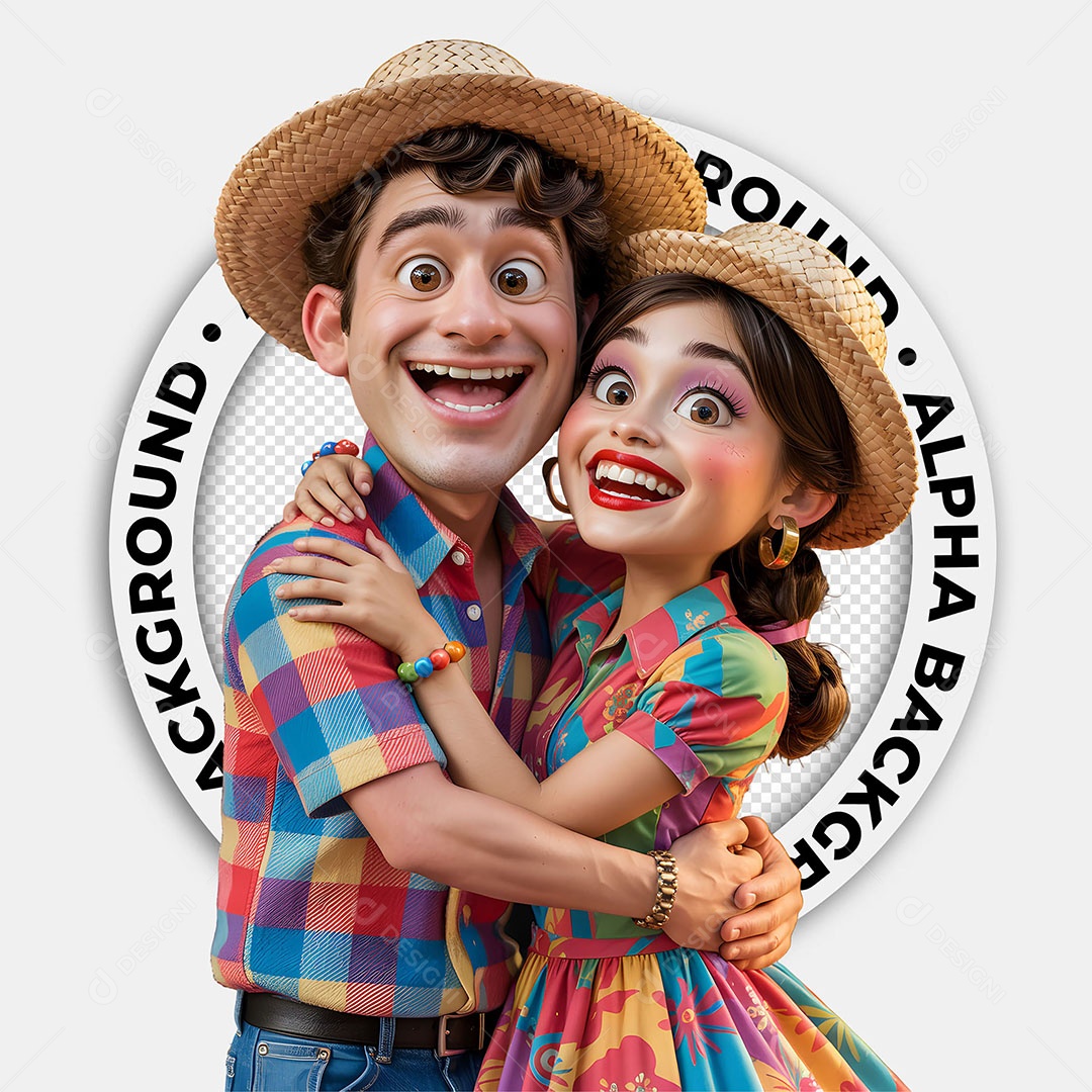 Personagens 3D Casal Caipira Festa Junina para Composição PSD
