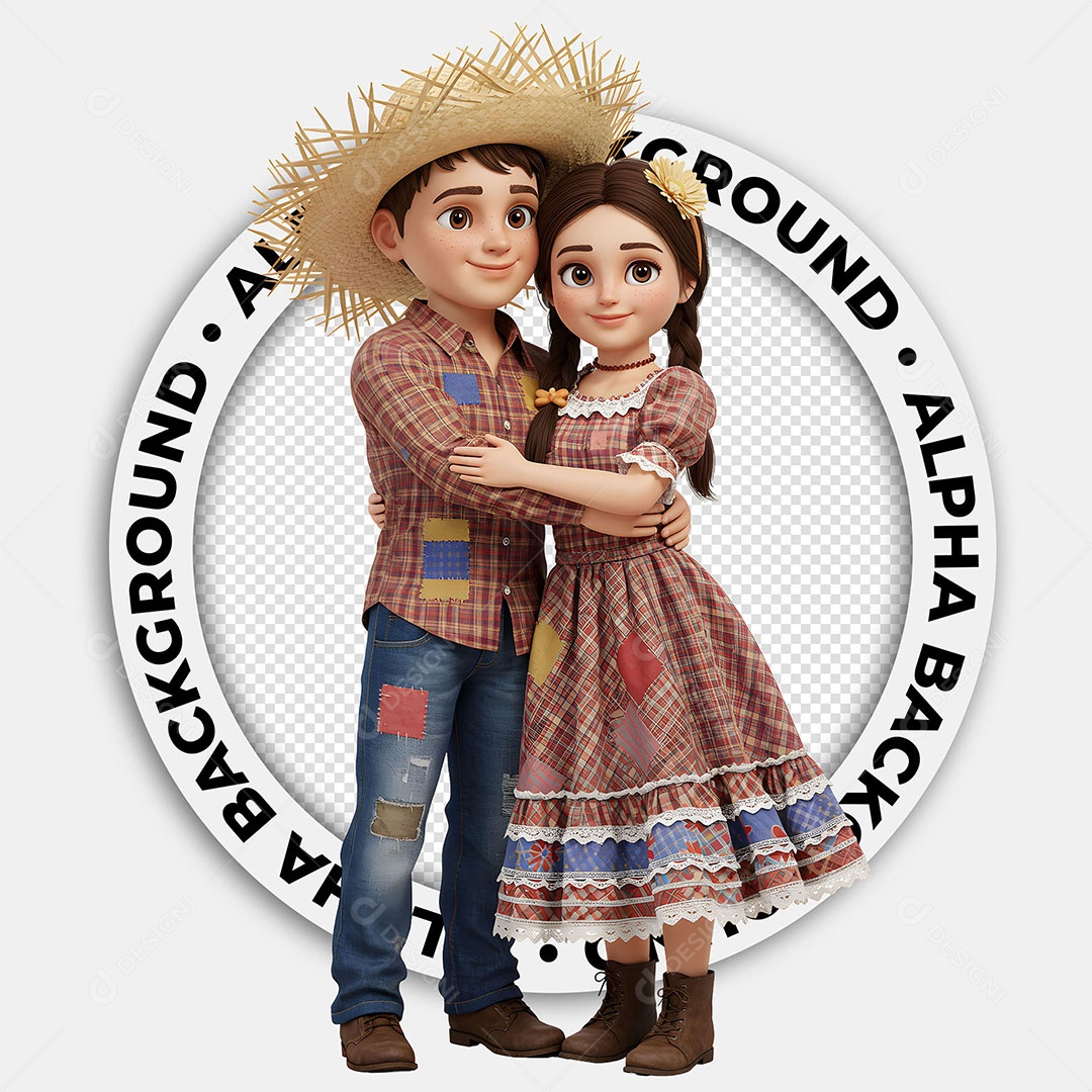 Personagens 3D Casal Caipira Festa Junina para Composição PSD