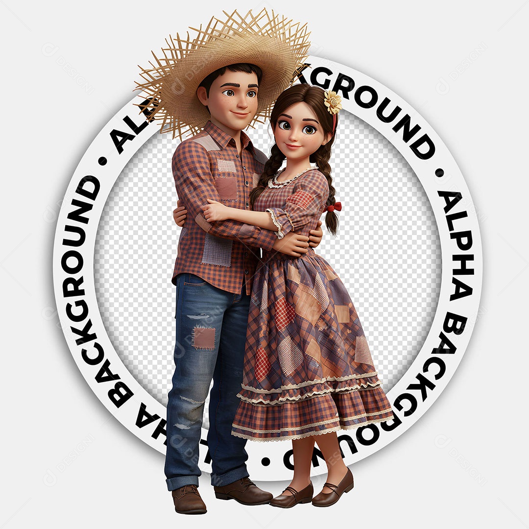Personagens 3D Casal Caipira Festa Junina para Composição PSD