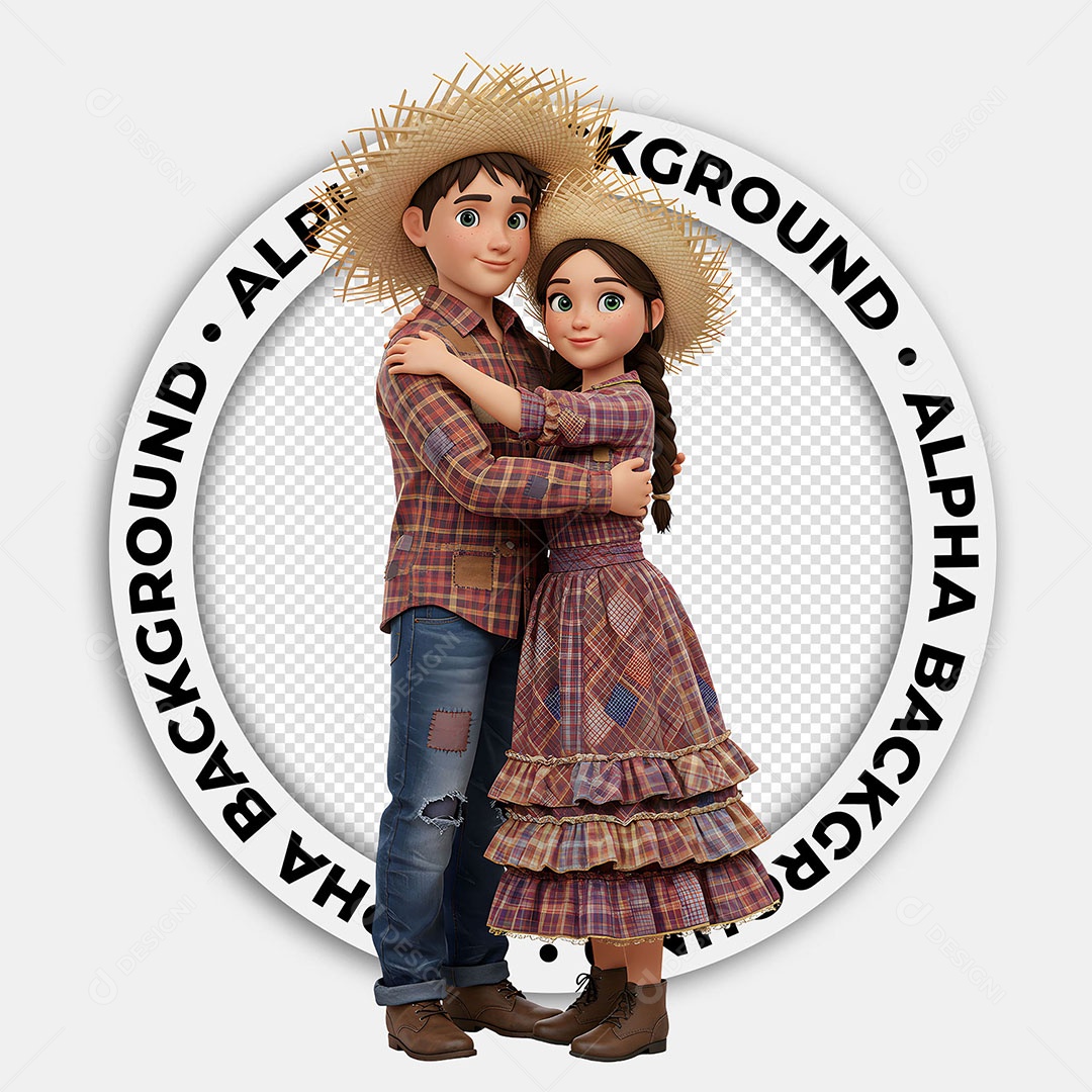 Personagens 3D Casal Caipira Festa Junina para Composição PSD