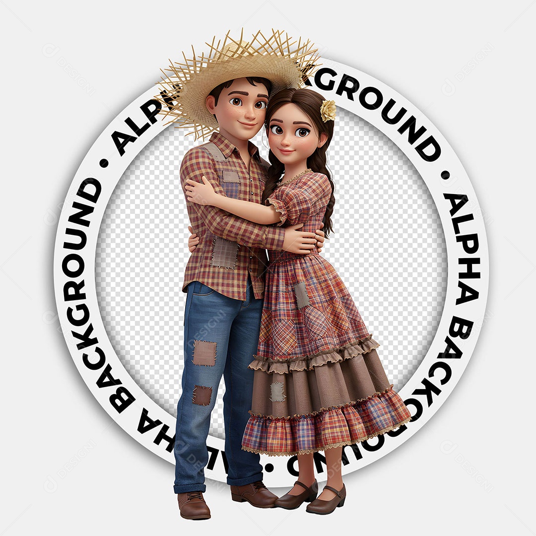 Personagens 3D Casal Caipira Festa Junina para Composição PSD