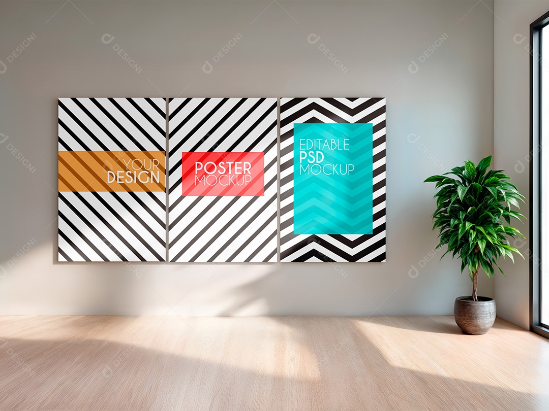 Três Telas na Parede Mockup PSD Editável