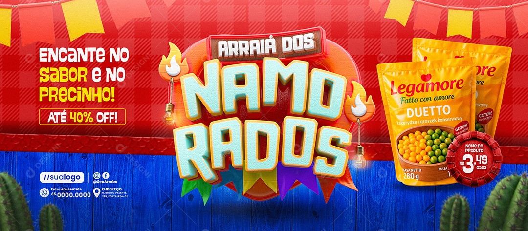 Banner Arraiá dos Apaixonados Supermercado Ervilha e Milho Social Media PSD Editável