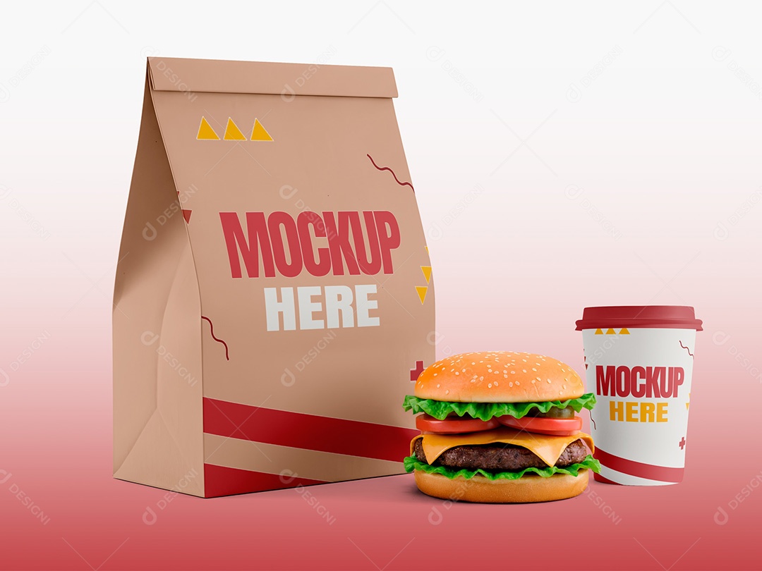 Embalagem com Hambúrguer e Copo de Café Mockup PSD Editável
