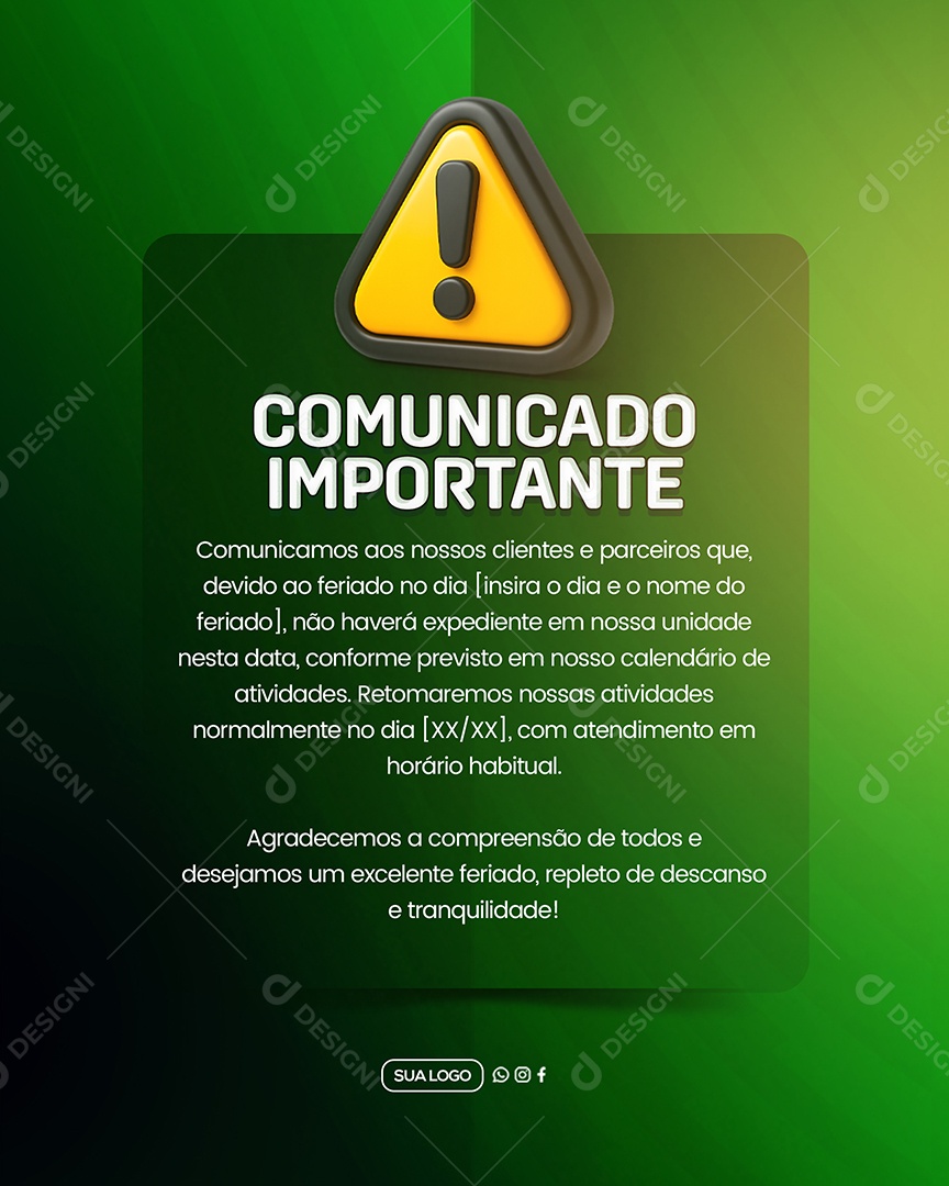 Comunicado Importante Feriado Social Media PSD Editável