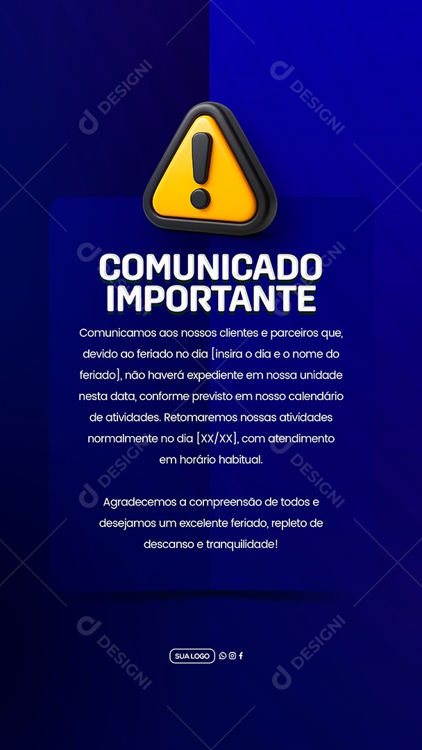 Story Comunicado Importante Feriado Social Media PSD Editável