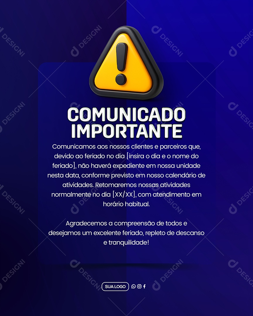 Comunicado Importante Feriado Social Media PSD Editável