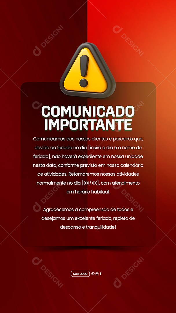 Story Comunicado Importante Feriado Social Media PSD Editável
