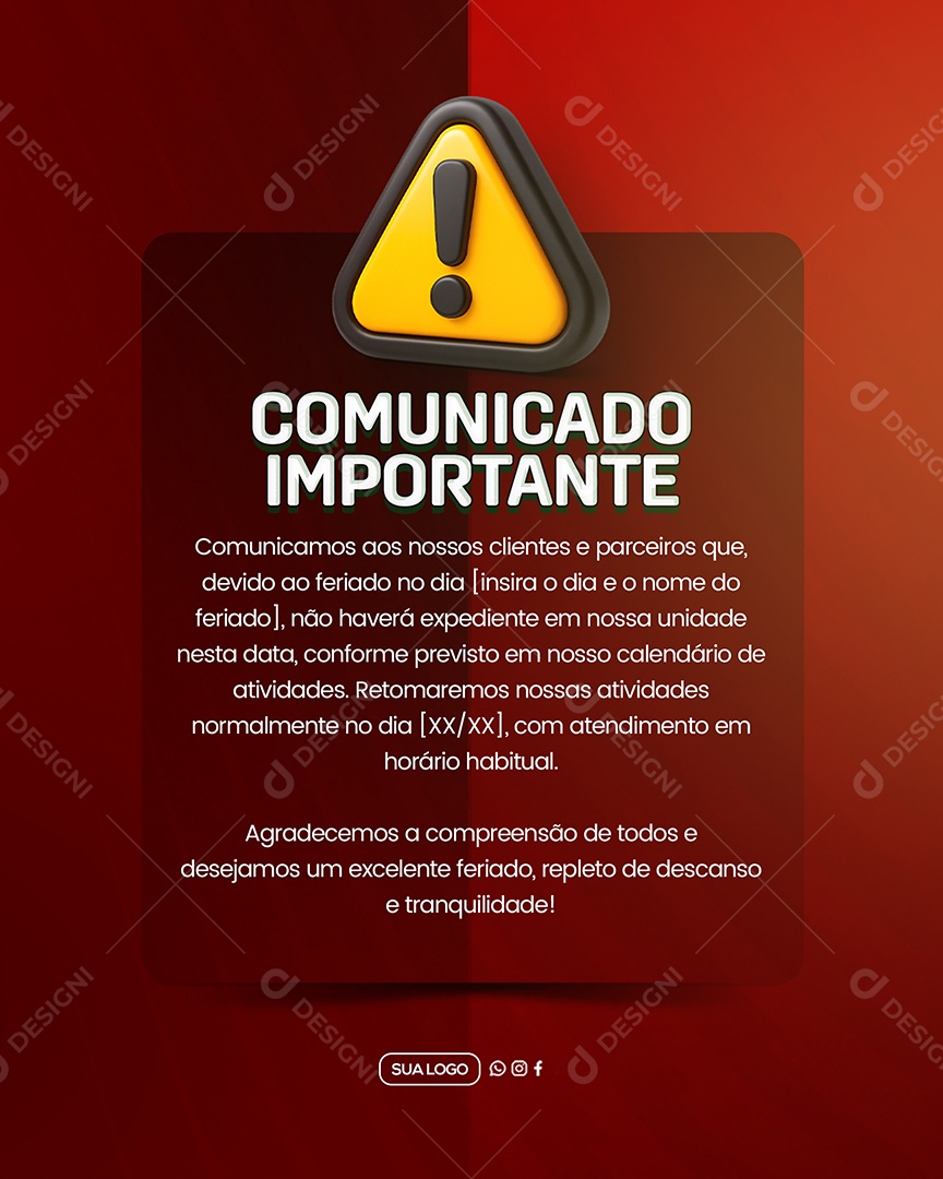 Comunicado Importante Feriado Social Media PSD Editável