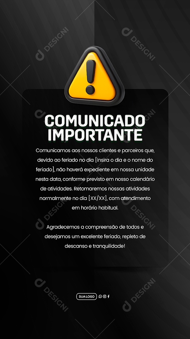Story Comunicado Importante Feriado Social Media PSD Editável